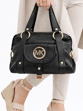 MICHAEL KORS Pebbled Leather Satchel Black Gold Logo Shoulder Bag